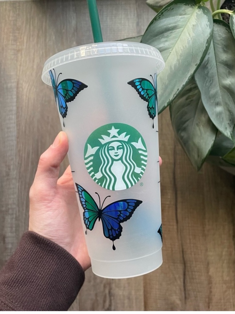 Starbucks Frosted Cup with Blue-Green Butterfly Print and Green Logo